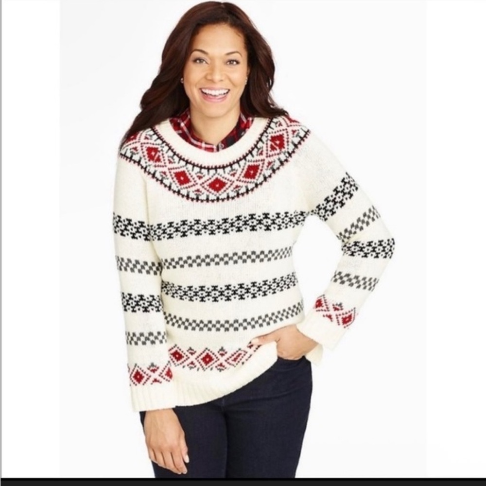 Talbots Fair Isle Red White Black Scandi Girl Cabincore Knit Boho Sweater 2XP